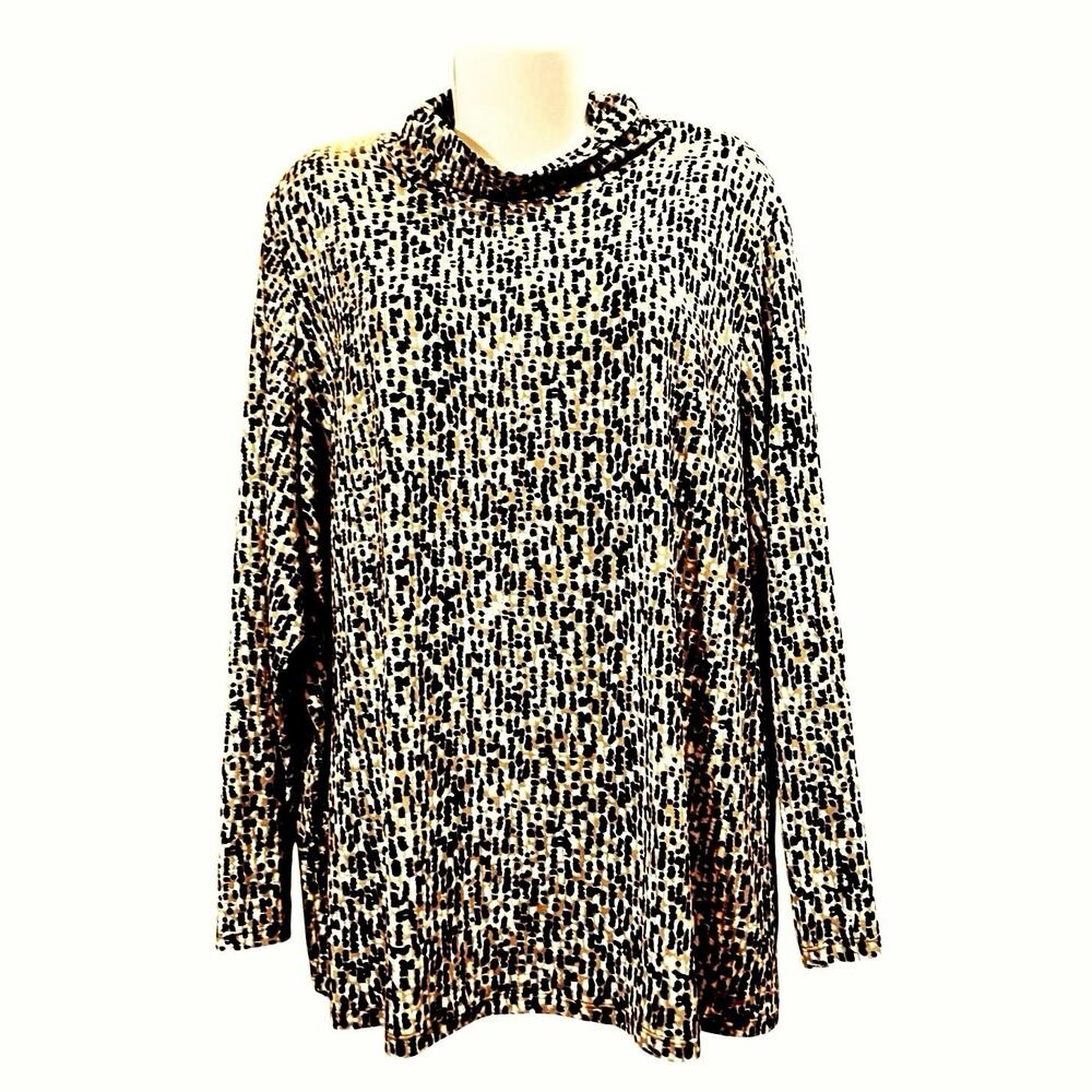 Susan Graver Women's Blk/Tan Printed Brushed Liquid Knit Turtleneck Top SZ 3X